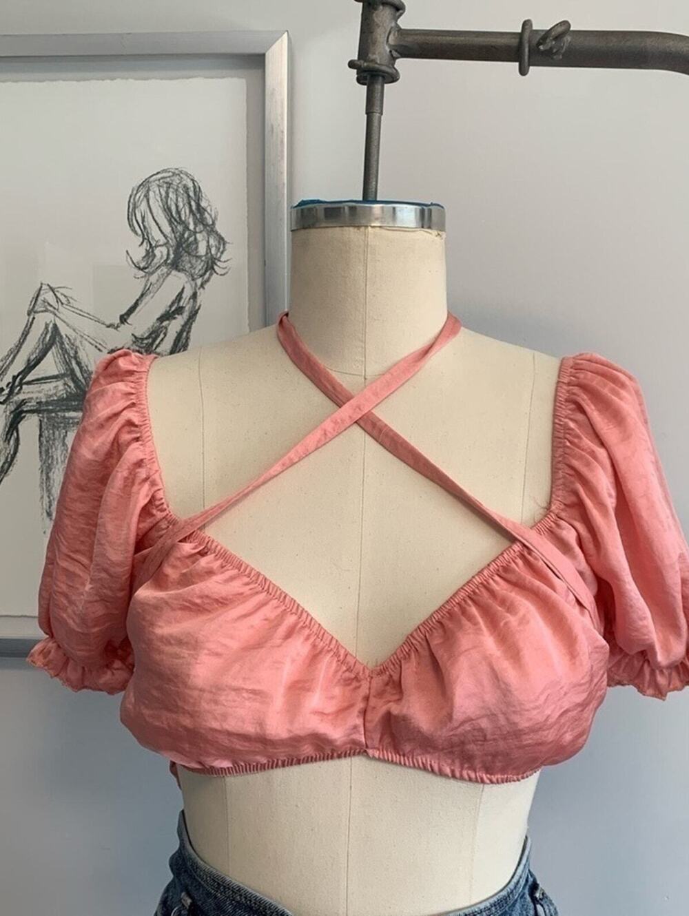 NWT Blue Blush Coquette CropTop Size M Pink Coral Adjustable Wrap Tie Boho Pinup